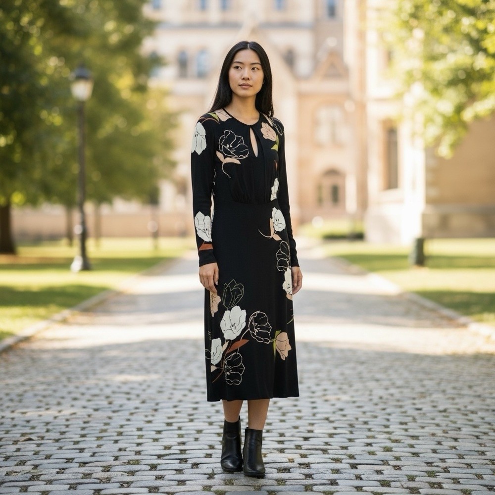 REISS ~ Women's Dress ~ ARLEY 4 ~ Black Autumn Floral Keyhole Long Sleeve Midi